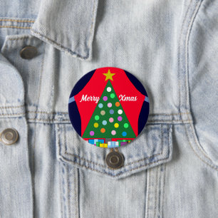 Green Christmas Tree & Blue Drapes: 3 Inch Round Button