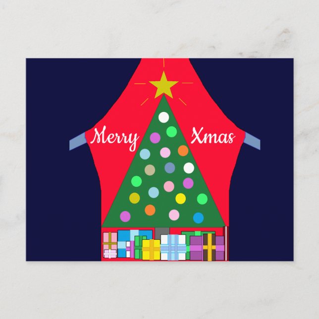 Green Christmas Tree & Blue Drapes: Holiday Postcard (Front)