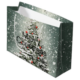 Green Christmas Tree Colourful Ornaments White Sno Large Gift Bag