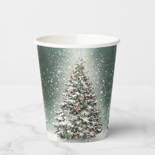 Green Christmas Tree Colourful Ornaments White Sno Paper Cups