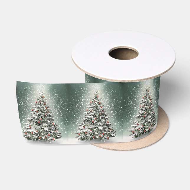 Green Christmas Tree Colourful Ornaments White Sno Satin Ribbon (Spool)