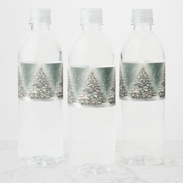 Green Christmas Tree Colourful Ornaments White Sno Water Bottle Label (Bottles)