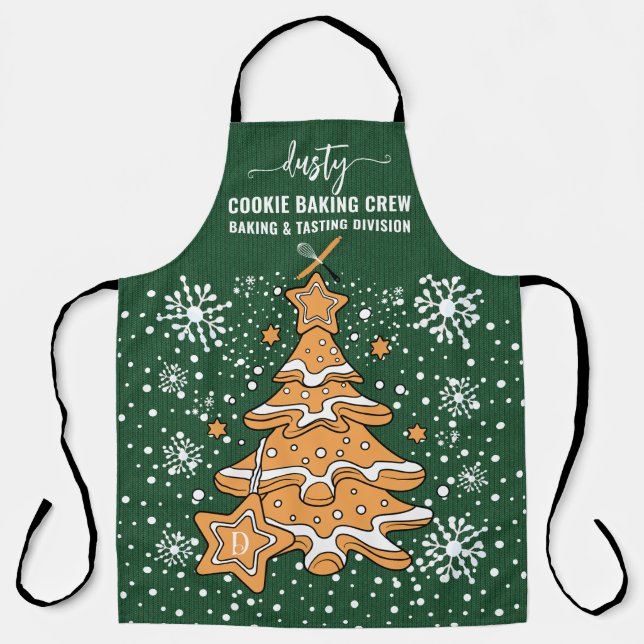 Green Christmas Tree Cookie Baking Crew Snowflakes Apron (Front)