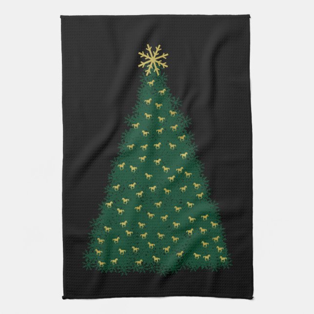 Green Christmas Tree, Gold Running Horses on Black Kitchen Towel (Vertical)