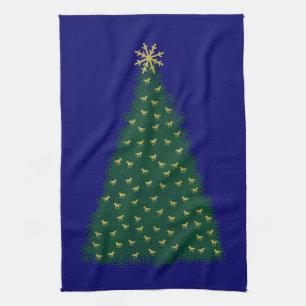 Green Christmas Tree, Gold Running Horses on Navy Kitchen Towel