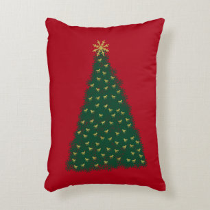 Green Christmas Tree, Gold Running Horses on Red Accent Pillow