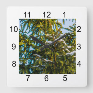 Green Christmas Tree In Snow Square Wall Clock