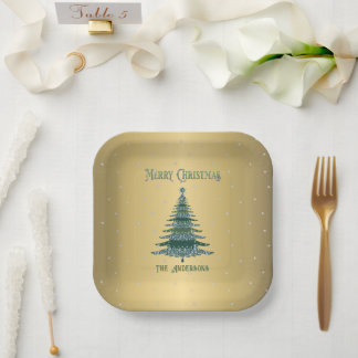 Green Christmas Tree Name Custom Gold Foil Paper Plate