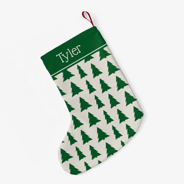 Green Christmas Tree Pattern on Beige Custom Name Small Christmas Stocking (Back (Hanging))