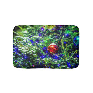 Green Christmas Tree Red Ball Bath Mat