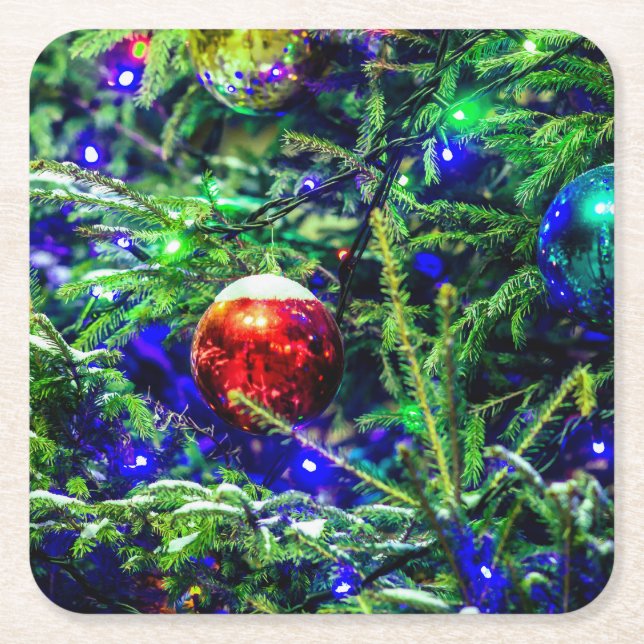 Green Christmas Tree Red Ball Square Paper Coaster (Front)