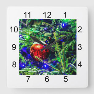 Green Christmas Tree Red Ball Square Wall Clock