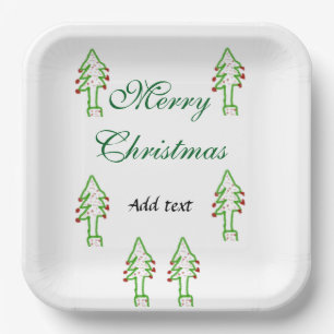 Green Christmas tree red cherry merry Christmas mo Paper Plate