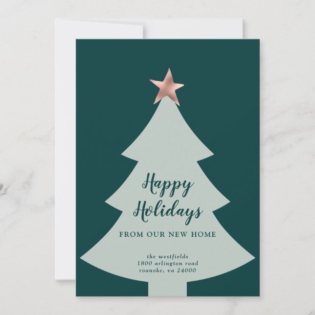Green Christmas Tree Rose Gold Star Holiday Moving Announcement (Front)