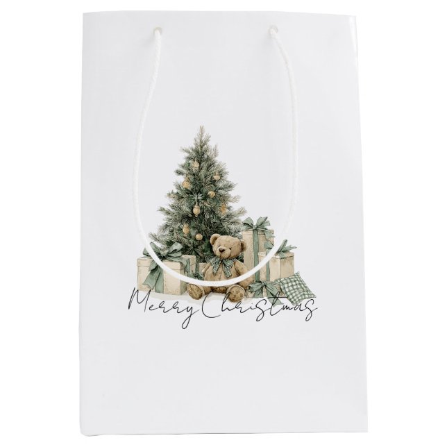 Green Christmas Tree Teddy Bear Gifts Medium Gift Bag (Front)