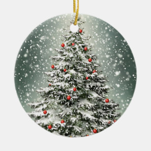 Green Christmas Tree White Snow Beautiful Ceramic Ornament