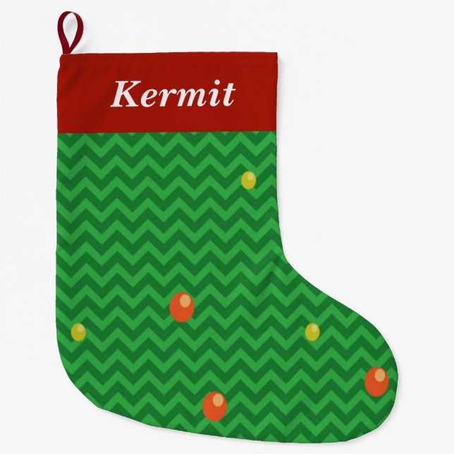 Green Christmas tree with ornaments background Large Christmas Stocking (Front)