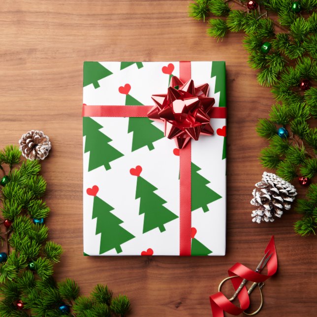Green Christmas Tree With Red Heart Simple Wrapping Paper (Holiday Gift)