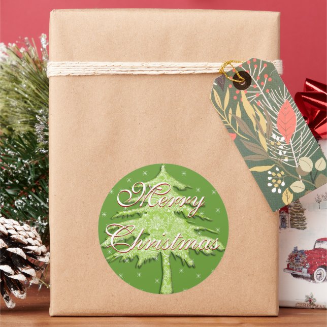 Green Christmas Tree with Stars Classic Round Sticker (Holiday)