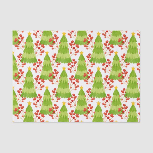 Green Christmas Trees and Red Berries  Tissue Paper (Front)