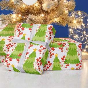 Green Christmas Trees and Red Berries  Wrapping Paper