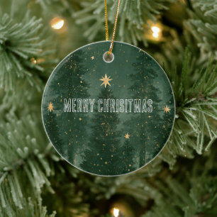 Green Christmas Trees Gold Stars Ceramic Ornament