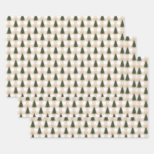 Green Christmas Trees on Cream Plaid Wrapping Paper Sheet