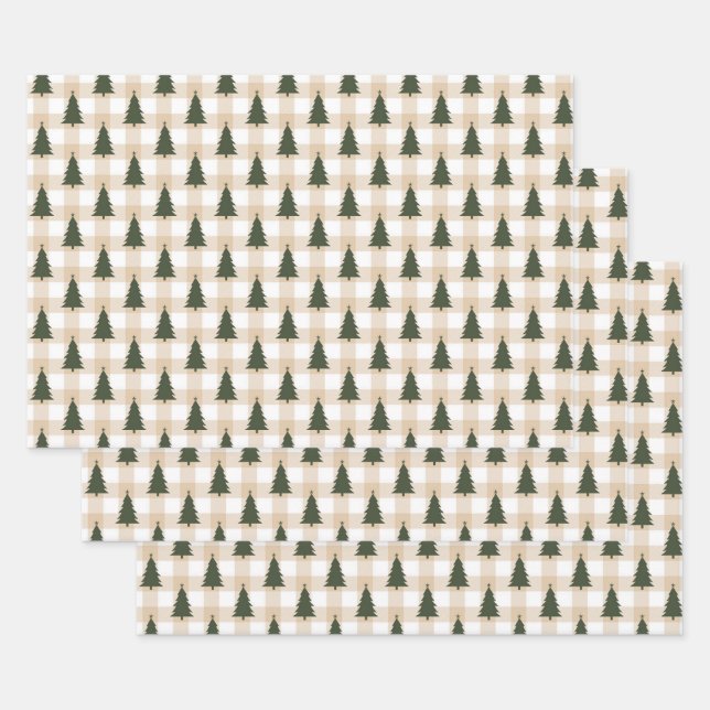 Green Christmas Trees on Cream Plaid Wrapping Paper Sheet (Set)