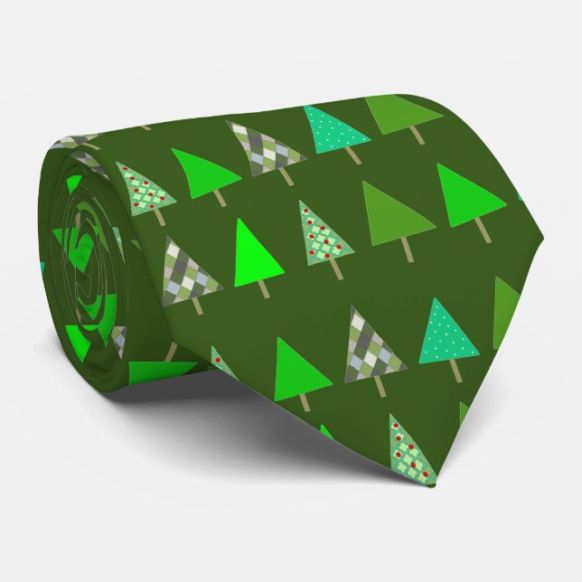 Green Christmas Trees on Green Christmas Party Tie (Rolled)