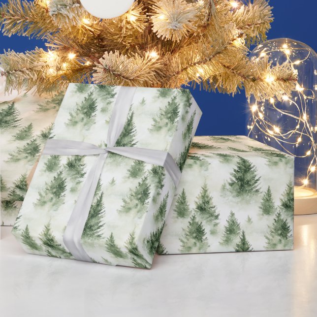 Green Christmas Trees On Pale Green  Wrapping Paper (Holidays)