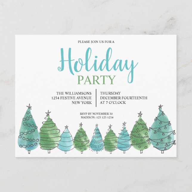 Green Christmas Trees Party Invitation Postcard (Front)