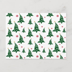 Green Christmas Trees & Red Snowflakes Pattern Holiday Postcard
