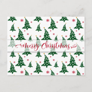 Green Christmas Trees & Red Snowflakes Pattern Holiday Postcard