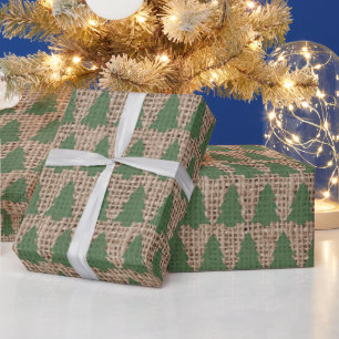Green Christmas Trees- Tan Burlap Texture Wrapping Paper