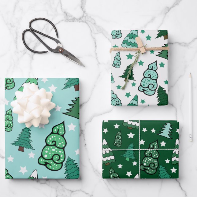 Green Christmas Trees Wrapping Paper Sheet (Front)