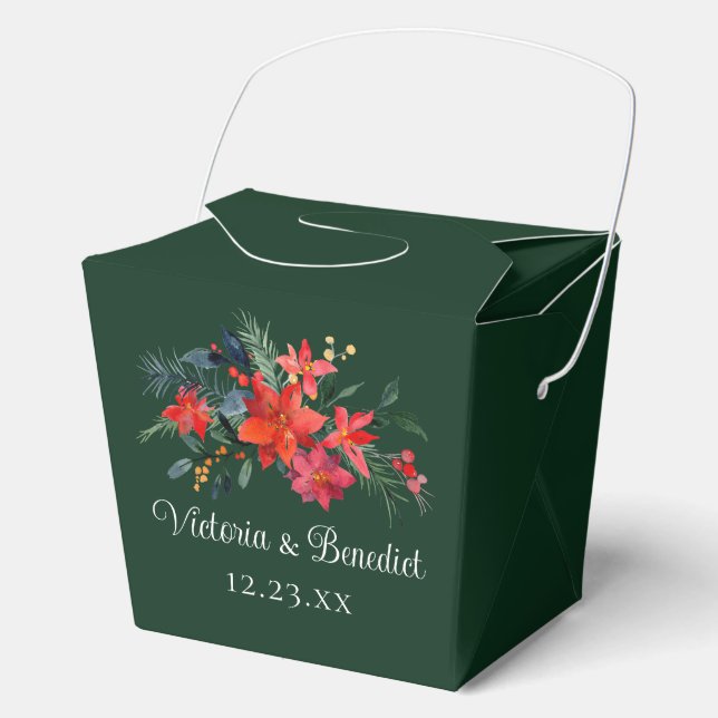 Green Christmas Wedding Red Poinsettia Floral Favor Box (Front)