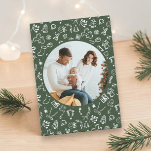 Green Christmas Whimsical hand drawn Family Photo  Holiday Card