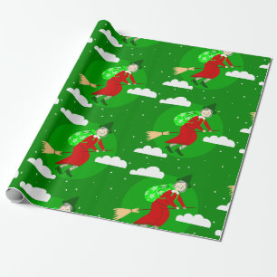 green christmas witch befana broomrider spookmas wrapping paper