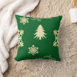 Green Christmas with Cream Snowflakes Throw Pillow
