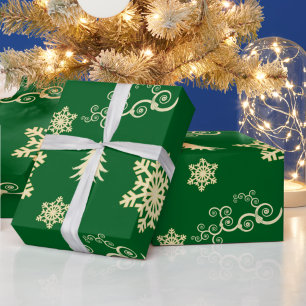 Green Christmas Wrap with Cream Snowflakes Wrapping Paper