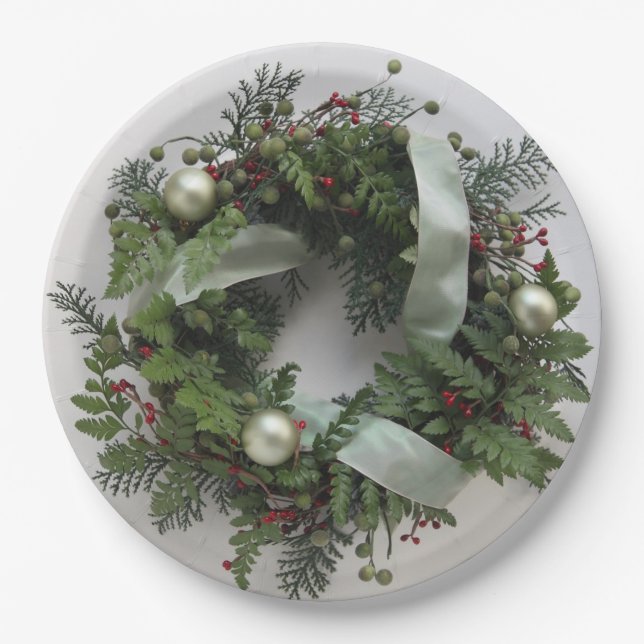 Green Christmas wreath Paper Plate (Front)