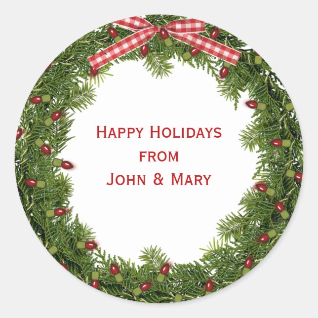 green Christmas wreath with red light string Classic Round Sticker (Front)
