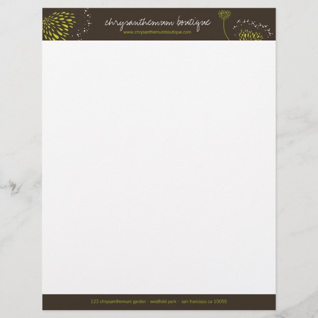 Green Chrysanthemum Flowers Elegant Chic Floral Letterhead (Front)