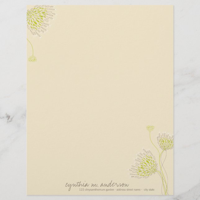 Green Chrysanthemum Flowers Elegant Chic Floral Letterhead (Front)