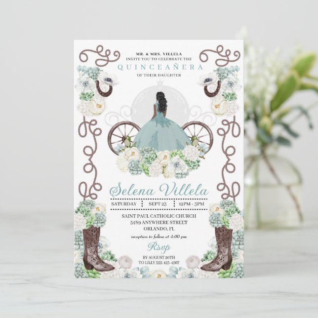 Green Cinderella Carriage Western Quinceañera Invitation (Standing Front)