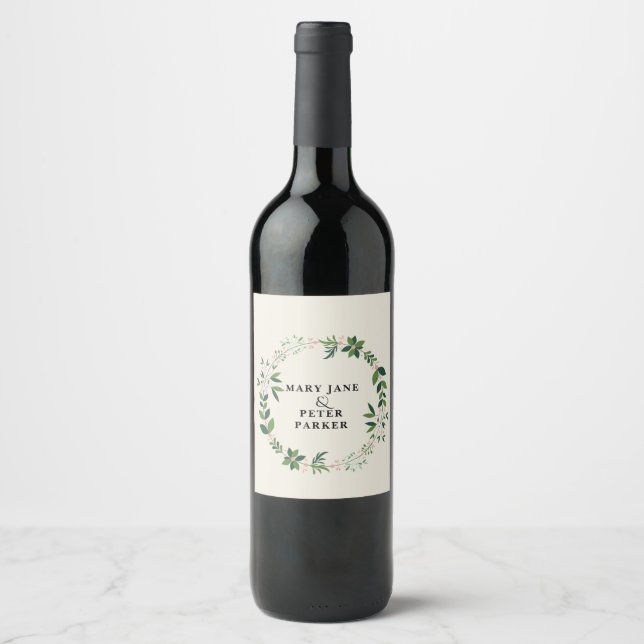 Green circle feminine floral wedding wine label (Front)