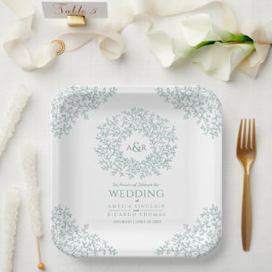 Green circle leaf drawing monogram wedding paper plate