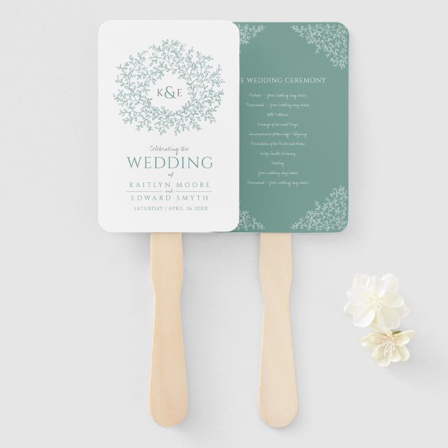 Green circle of leaves monogram wedding program hand fan (Front and Back)