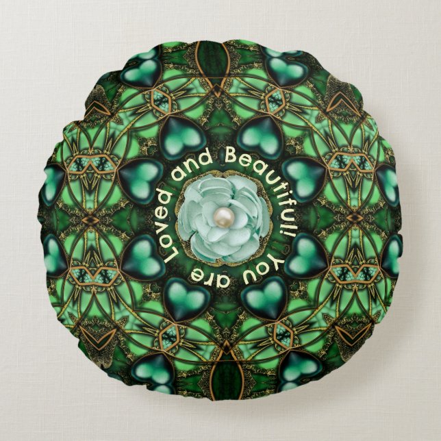 Green Circle of Love and Affirmations Round Pillow (Front)