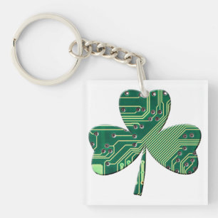 Green Circuit Board St Patrick Day Shamrock Keychain